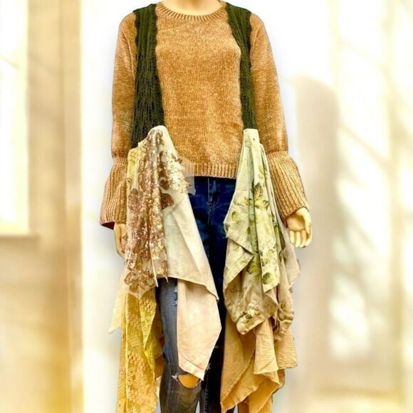 Green Crochet Vest  Multi Colored Long Asymmetrical Trim Kimono Cardigan NEW - Picture 1 of 4